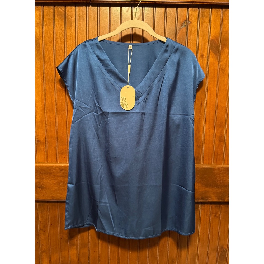 Navy Blue Satin V-Neck Cap Sleeve Blouse Top Women Medium NWT